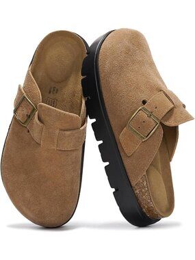 Women's Tan Genuine Leather Water Resistant Memory Foam Insole Platform Clogs